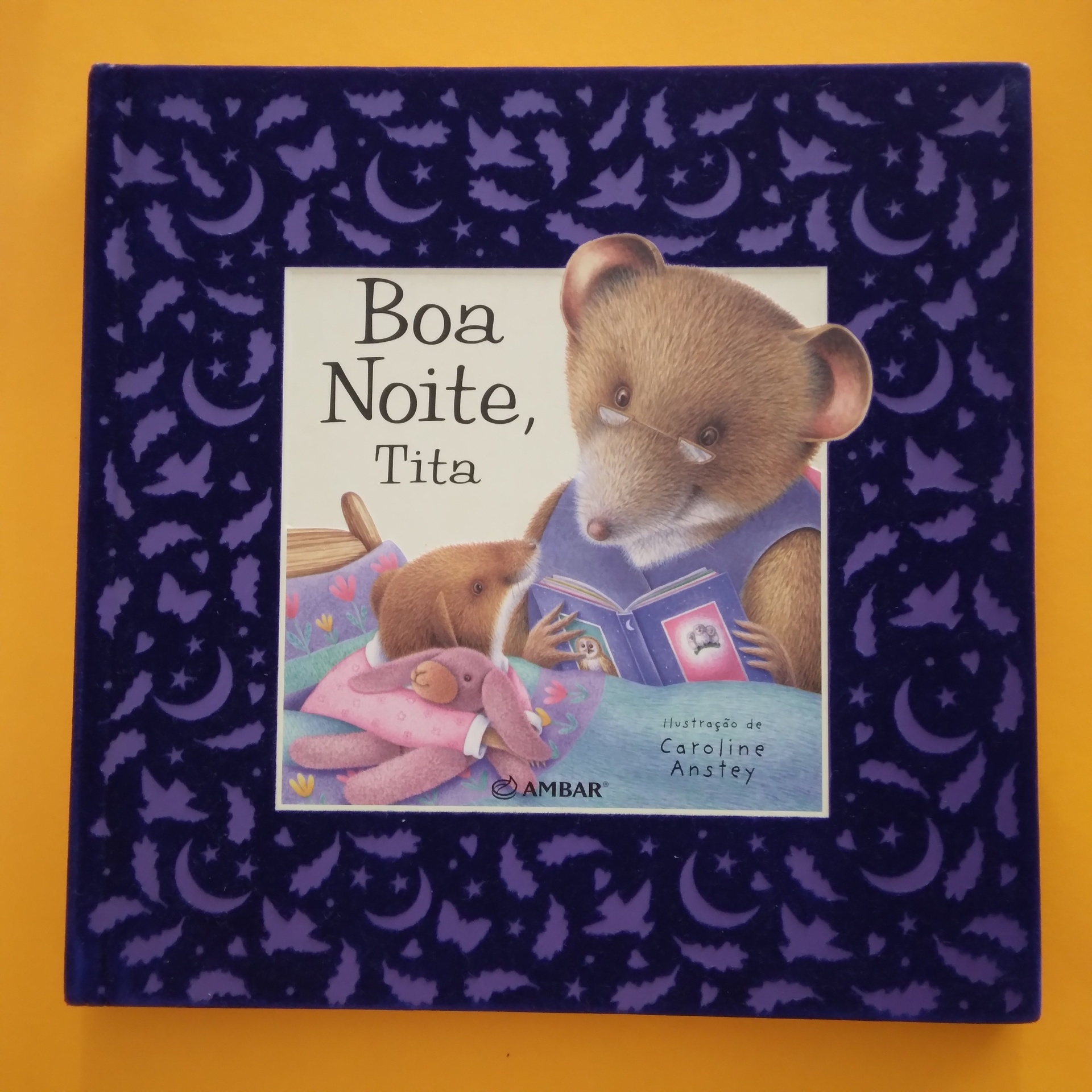 Boa Noite, Tita, Dugald Steer Capa de livro infantil azul roxa com padrão de morcegos e luas e ilustração de ratos