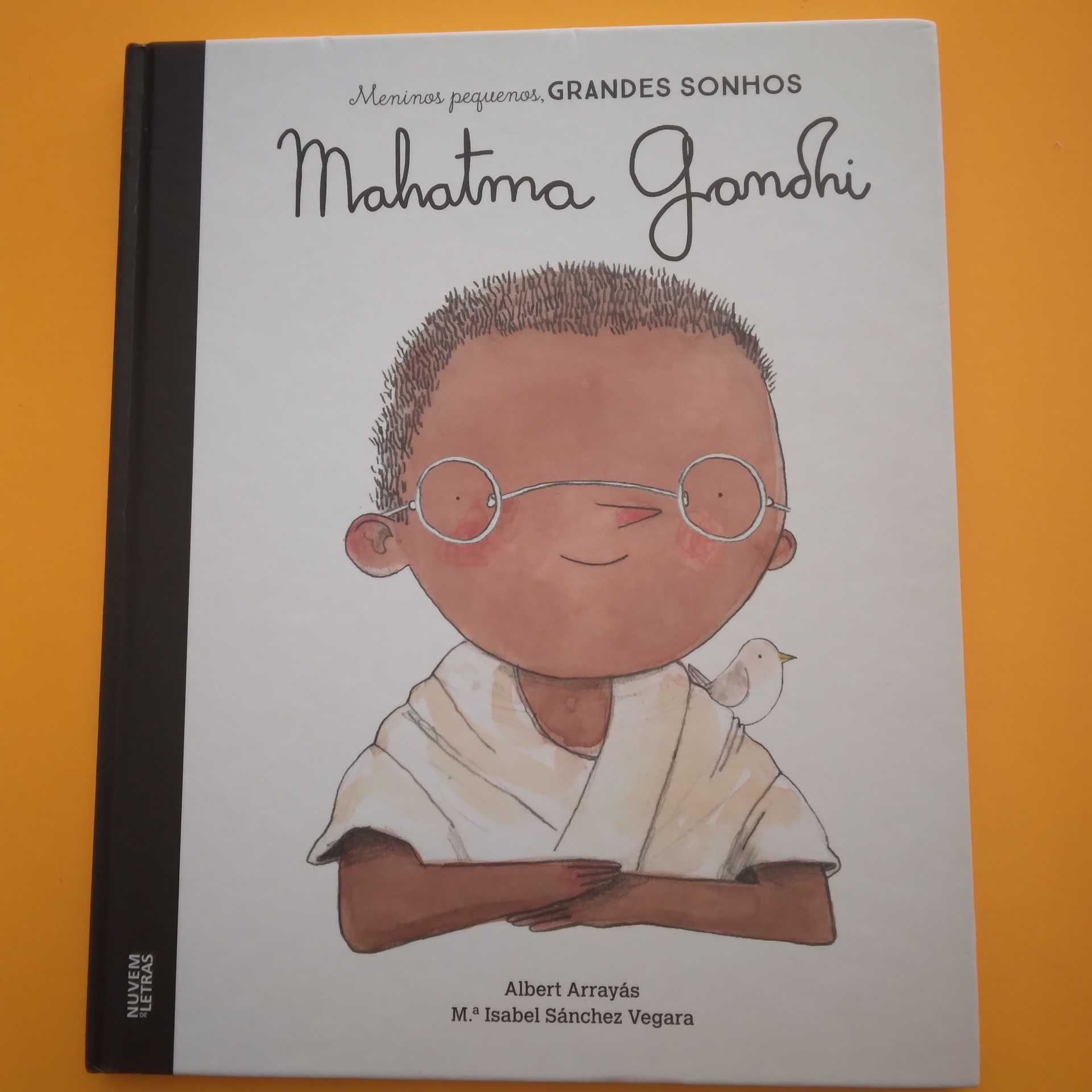 Mahatma Gandhi, Albert Arrayás, Maria Isabel Sánchez Vegara Capa do livro infantil 'Mahatma Gandhi' com ilustração de um menino e detalhes do título e autores.