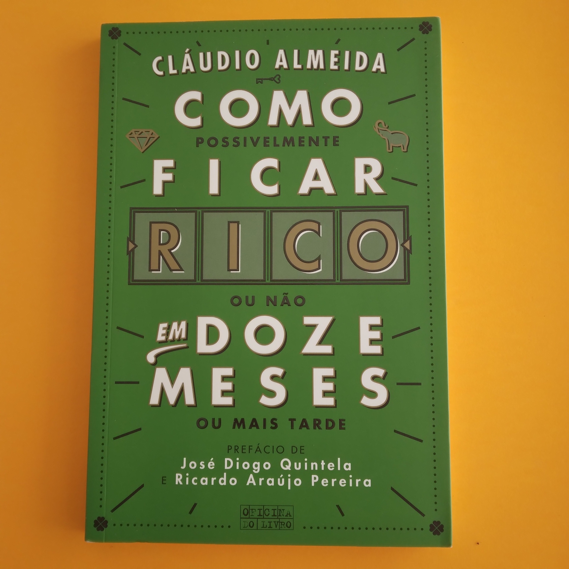 Como Possivelmente Ficar Rico ou Não em Doze Meses, Cláudio Almeida Capa de livro verde com texto branco e castanho