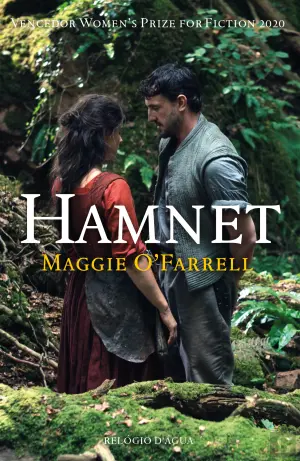 Capa do livro Hamnet com dois adultos em floresta e texto do título e autora