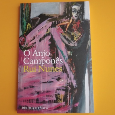 Capa de livro O Anjo Camponês de Rui Nunes com ilustração abstrata e fundo amarelo
