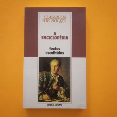 Capa de livro 'A Enciclopédia textos escolhidos' com imagem clássica e fundo laranja