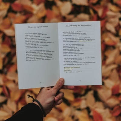 Mão segurando livro aberto com texto em alemão sobre folhas secas coloridas no chão