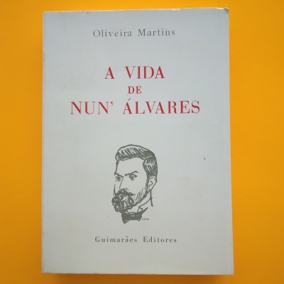 Capa branca de livro 'A VIDA DE NUN' ÁLVARES' com retrato desenhado e texto em vermelho e preto