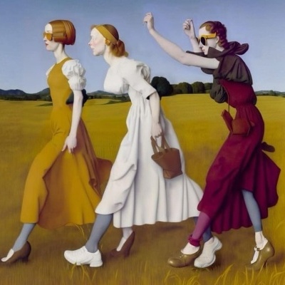 Três mulheres a caminhar em vestido amarelo, branco e vinho num campo com céu azul.