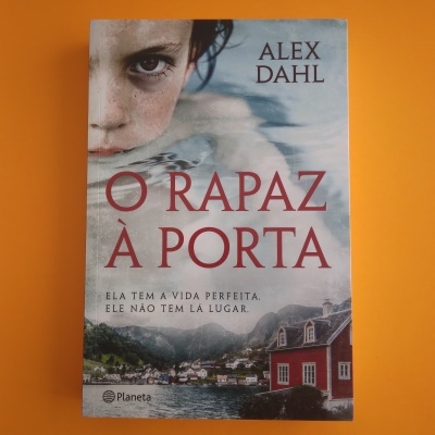 Capa do livro O RAPAZ À PORTA de Alex Dahl com rosto de menino e paisagem de aldeia