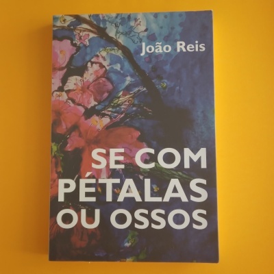 Capa de livro com pintura abstrata de flores em azul e rosa, título 'SE COM PÉTALAS OU OSSOS' e autor 'João Reis'.