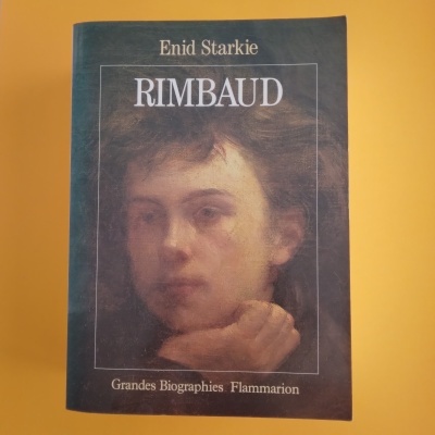 Capa de livro azul escura com retrato e texto branco RIMBAUD
