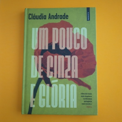 Capa de livro verde com flor vermelha e texto em branco e azul
