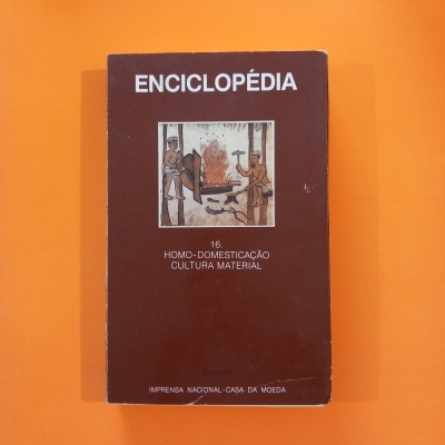 Capa de livro castanha intitulado ENCICLOPÉDIA com ilustração central de dois homens e fogo.