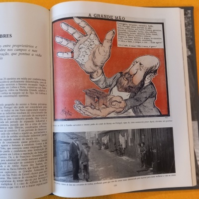 Página de livro com caricatura e fotografia a preto e branco