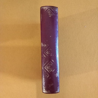 Livro com lombada em couro roxo desgastado com decoração em relevo