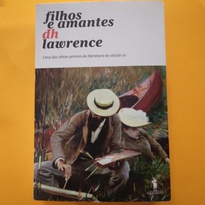 Capa de livro 'filhos e amantes' de dh lawrence com imagem de casal na relva
