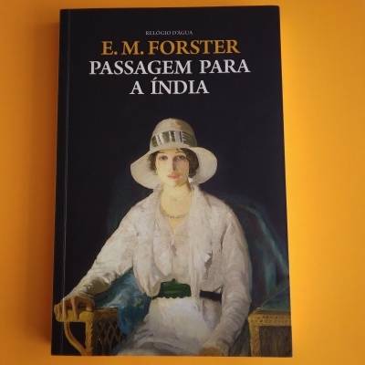 Capa de livro 'Passagem para a Índia' com ilustração de mulher sentada