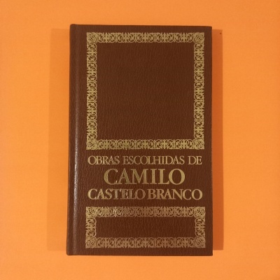 Capa dura castanha de livro com título dourado sobre fundo laranja