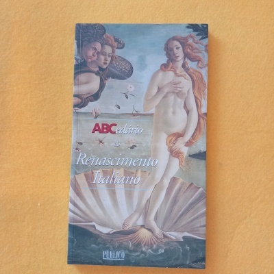 Livro com capa ilustrada do Nascimento de Vénus, texto ABC edírio do Renascimento Italiano