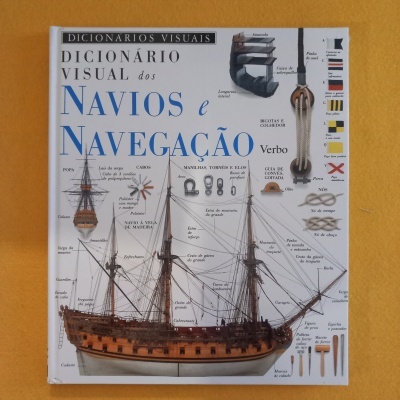 Capa do livro Dicionário Visual dos Navios e Navegação com ilustração de navio e peças de navegação.