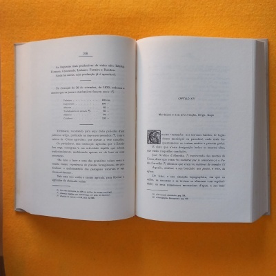 Livro aberto em superfície laranja com texto em português e tabela visíveis