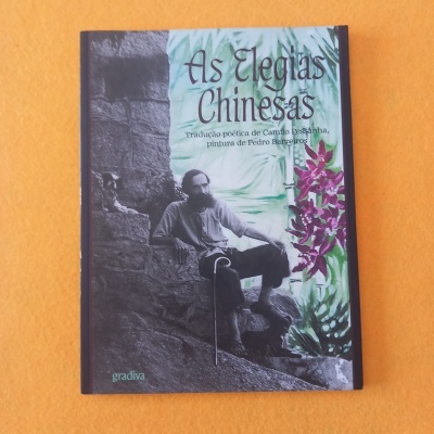 Capa de livro 'As Elegias Chinesas' com imagem de homem sentado e flores cor-de-rosa