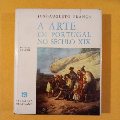 Capa de livro 'A ARTE EM PORTUGAL NO SÉCULO XIX' com imagem de pintura de pessoas antigas ao ar livre