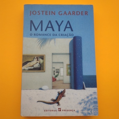 Capa de livro Maya com fundo azul e areia branca e lagarto