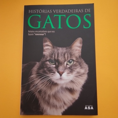 Capa de livro com gato cinza e texto em verde e branco