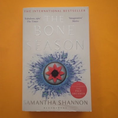 Capa do livro The Bone Season com design abstrato azul e selo vermelho em fundo laranja