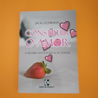Capa de livro 'Construir o Amor' com morango e corações rosas sobre fundo cinza