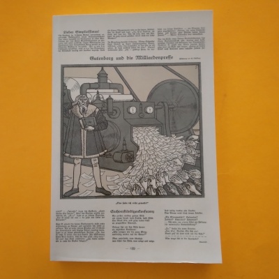 Ilustração antiga a preto e branco com personagem, máquina e folhas de papel, texto em alemão