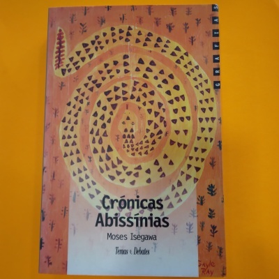 Capa de livro com padrão espiral amarelo e triângulos pretos sobre fundo laranja com desenhos de plantas