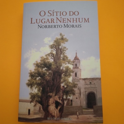 Capa de livro com árvore grande e edifício histórico ao fundo, em superfície amarela.