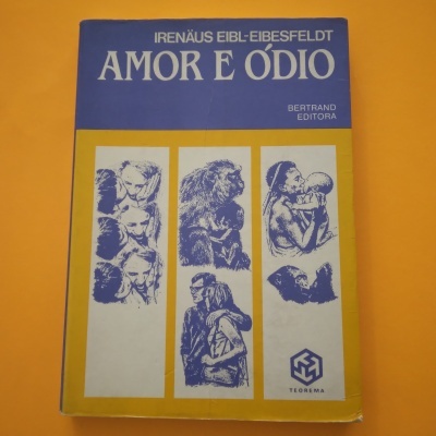 Capa do livro 'Amor e Ódio' azul e amarela com ilustrações e texto