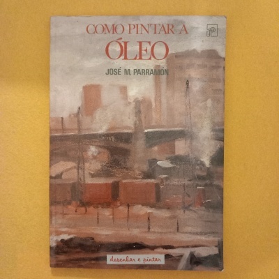 Capa de livro com pintura urbana em tons castanhos e título 'COMO PINTAR A ÓLEO'.