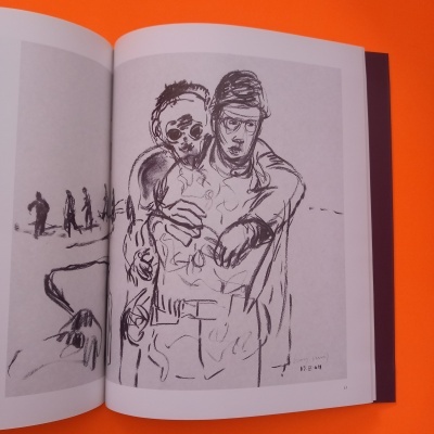 Desenho a preto e branco de duas figuras num livro aberto