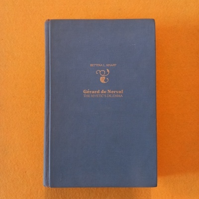 Livro azul com texto dourado sobre superfície laranja