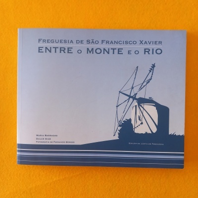 Capa de livro azul clara com ilustração de moinho e texto em azul escuro