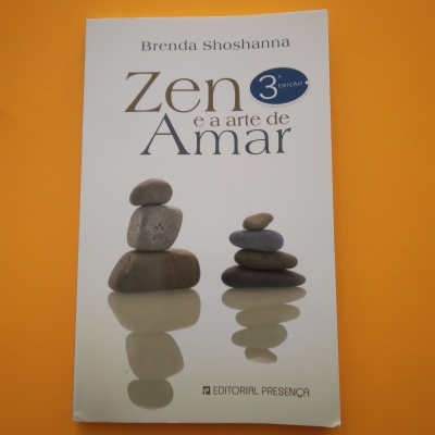Livro 'Zen e a arte de Amar' com pedras empilhadas em fundo laranja