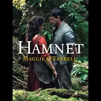 Capa do livro Hamnet com dois adultos em floresta e texto do título e autora