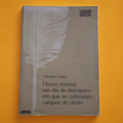 Capa do livro 'Houve mesmo um dia de desespero em que se cultivaram campos de cicuta' de Oliveira Castro em fundo laranja.