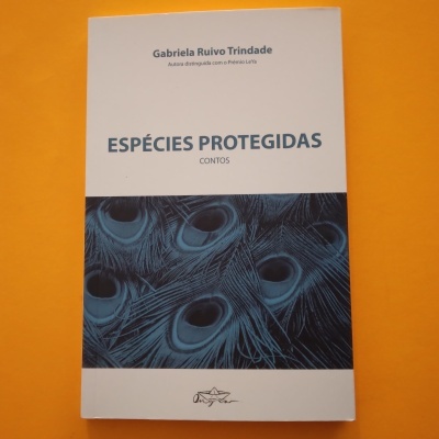 Livro com capa branca, faixa azul com penas de pavão, sobre fundo laranja