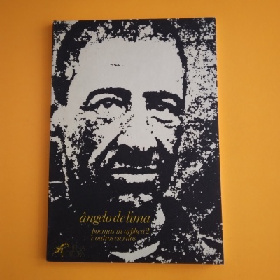 Capa de livro preta e branca com retrato e texto dourado