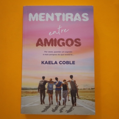Capa do livro 'MENTIRAS entre AMIGOS' com cinco pessoas de costas caminhando numa estrada