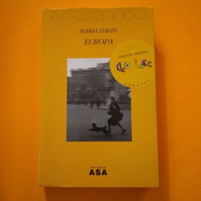 Capa de livro amarela com fotografia a preto e branco de pessoa com cão e etiqueta de prémio