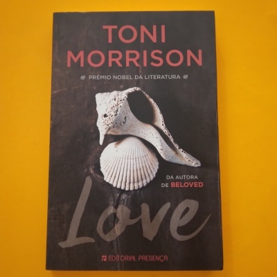 Capa do livro Love de Toni Morrison com conchas e texto em vermelho e cinza