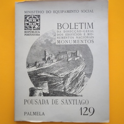 Capa de boletim da Pousada de Santiago em Palmela com ilustração a preto e texto oficial em fundo branco.