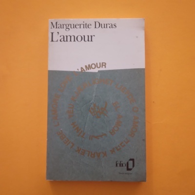 Livro 'L'amour' de Marguerite Duras com capa cinza e branca sobre fundo laranja