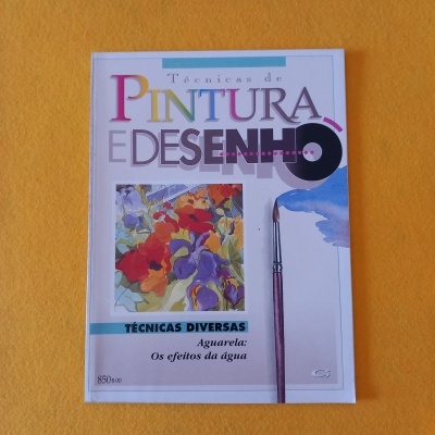 Capa de livro com título sobre técnicas de pintura e desenho e imagem de flores em aquarela