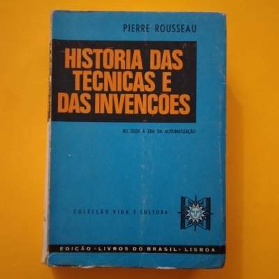 Capa de livro azul com texto em laranja e preto sobre técnicas e invenções