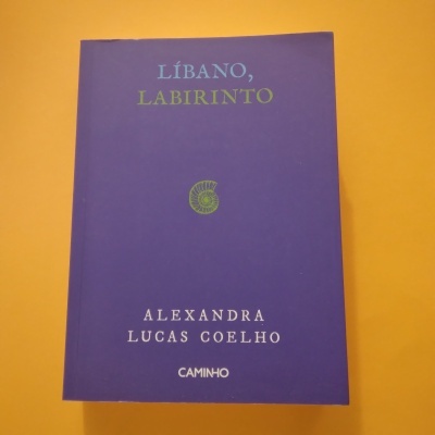Livro roxo LÍBANO, LABIRINTO de Alexandra Lucas Coelho sobre fundo laranja