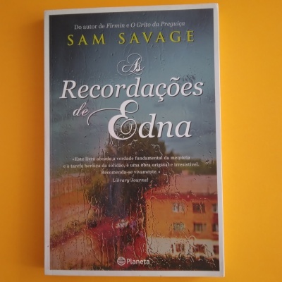 Capa do livro 'As Recordações de Edna' de Sam Savage com ilustração de janela com gotas de chuva.